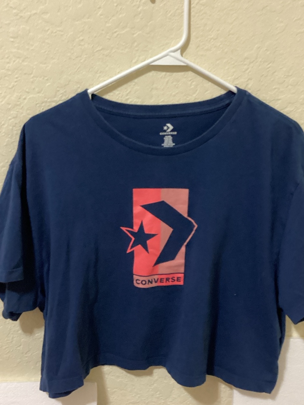 Converse Navy Crop Tee with Pink Logo Panel